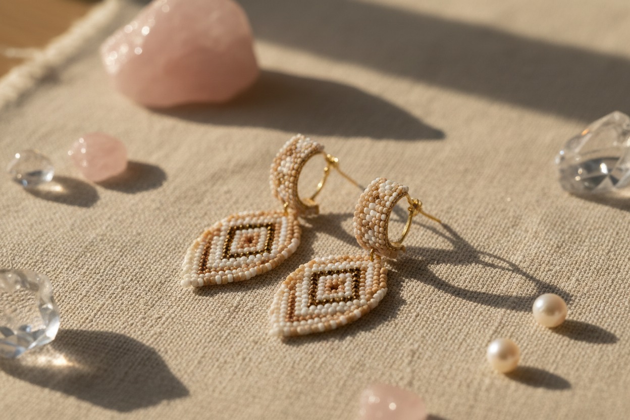 Aros colgantes hechos con cuentas de colores neutros sobre una tela beige, rodeados de cristales y perlas.